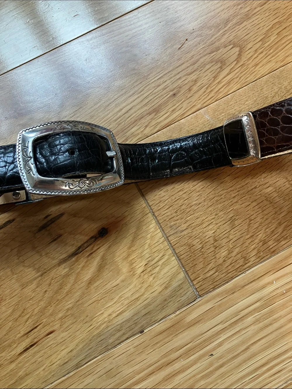Brighton Black Croc-Embossed Leather Belt with Silver Buckle and details